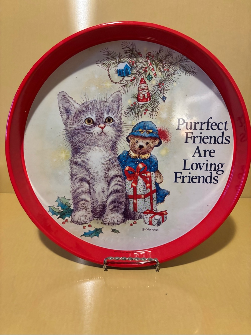 Vintage Giordano Christmas Tin Tray. “Purrfect Friends Are Loving Friends”.